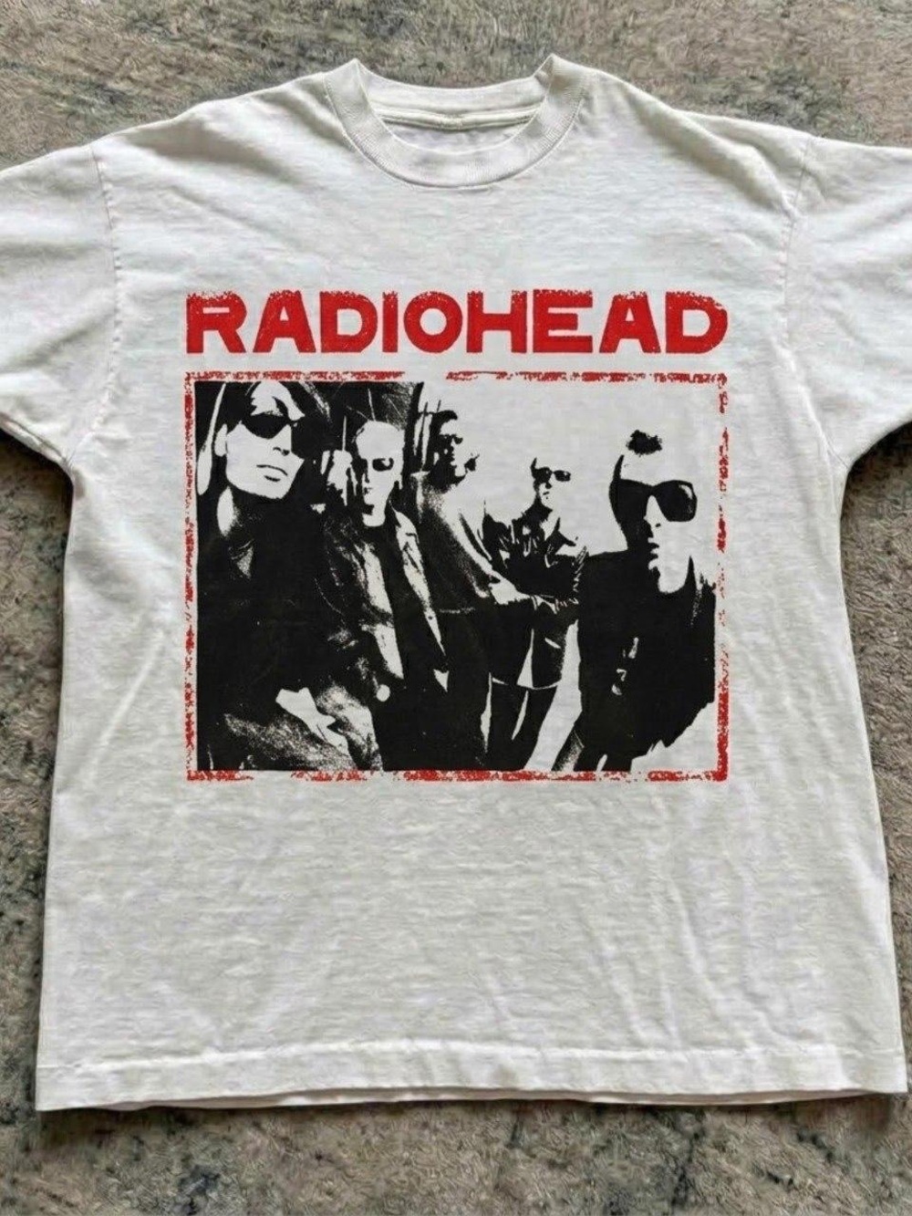Gildan White Radiohead Graphic Tee with Red & Black Print